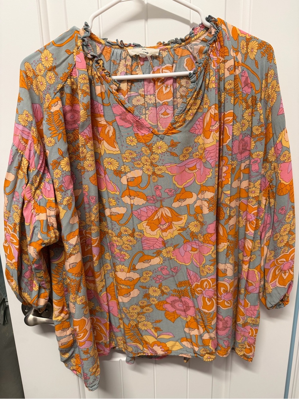 entro Floral Peasant Blouse in Gray, Pink & Orange